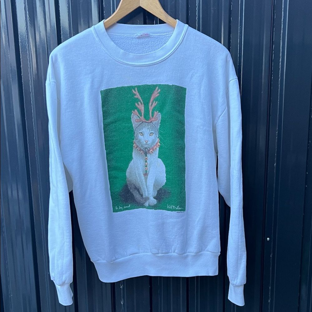 Vintage 90s Will Bullas White Christmas Cat Antlers Graphic Sweatshirt Pullover